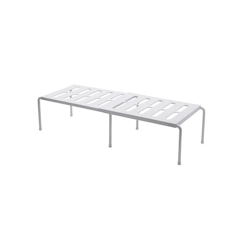 White telescopic plastic kitchen storage rack at adjustable height