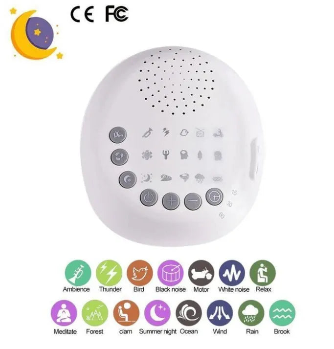 White noise machine with 9 sounds, timer, volume knob and USB cable, white colour, 16.5 x 16 x 6.3 cm