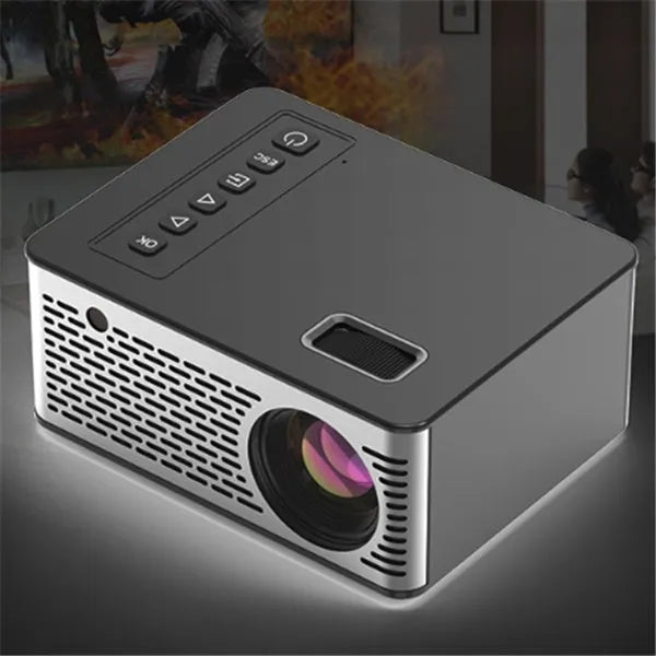 Black USB smart projector with 320x240 resolution and 20W power, front projection, shown with UK EU US AU plug options.