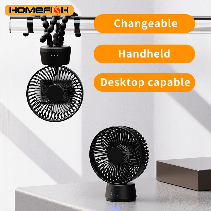 HOMEFISH F2 automatic shake head fan with clip, bracket, LED light, and removable front mesh.