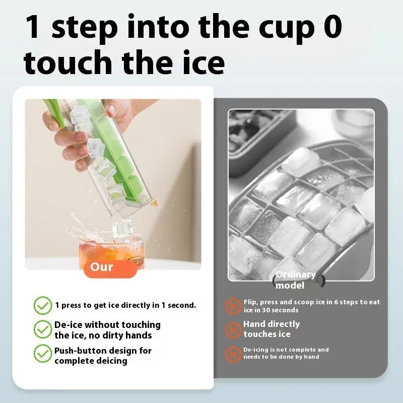 Ice cube tray with one-press release mechanism and storage box in food-grade PET plastic