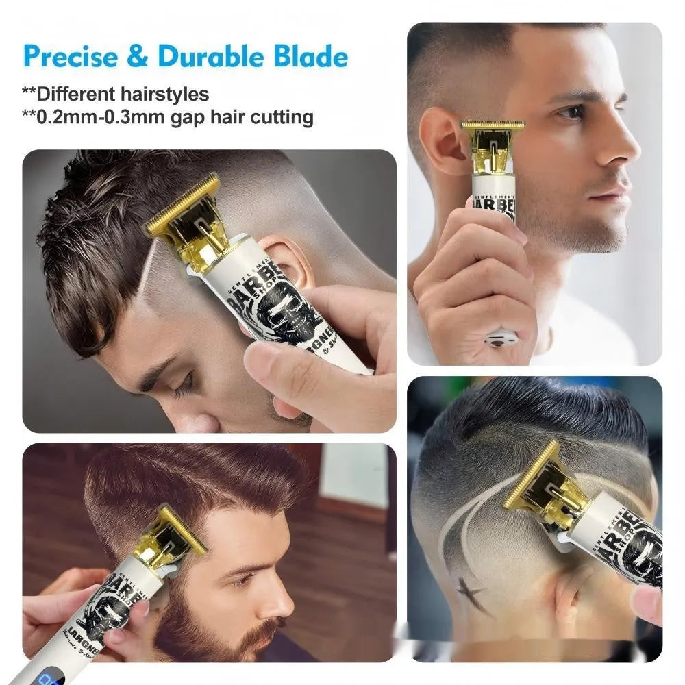 Rechargeable stainless steel hair clipper kit with USB charging cable and 4-in-1 attachments