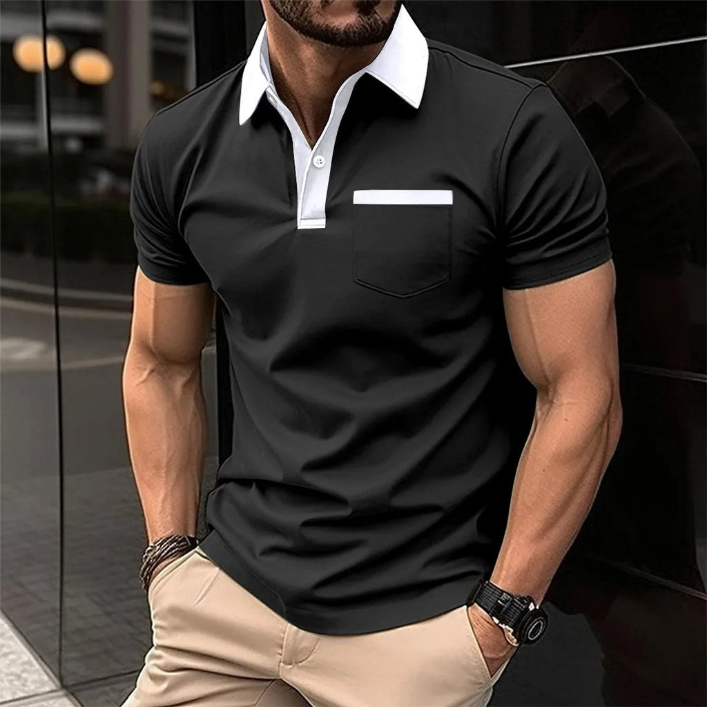 Men's lapel collar short sleeve polo shirt with chest pocket in yellow, black, white, gray, navy blue, sky blue, pink, light gray