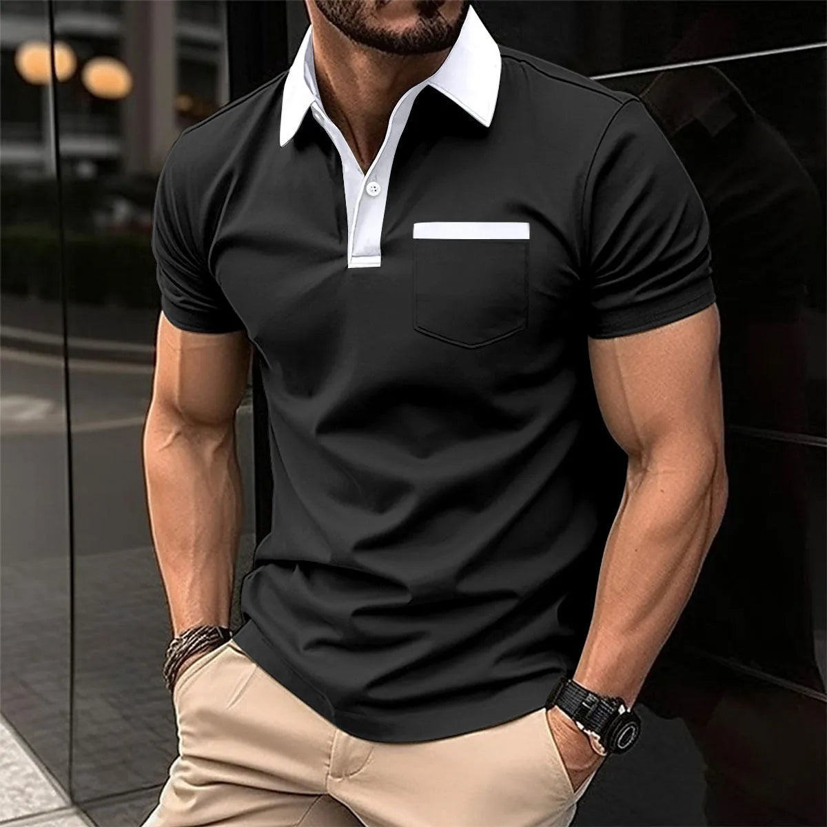 Men's lapel collar short sleeve polo shirt with chest pocket in yellow, black, white, gray, navy blue, sky blue, pink, light gray