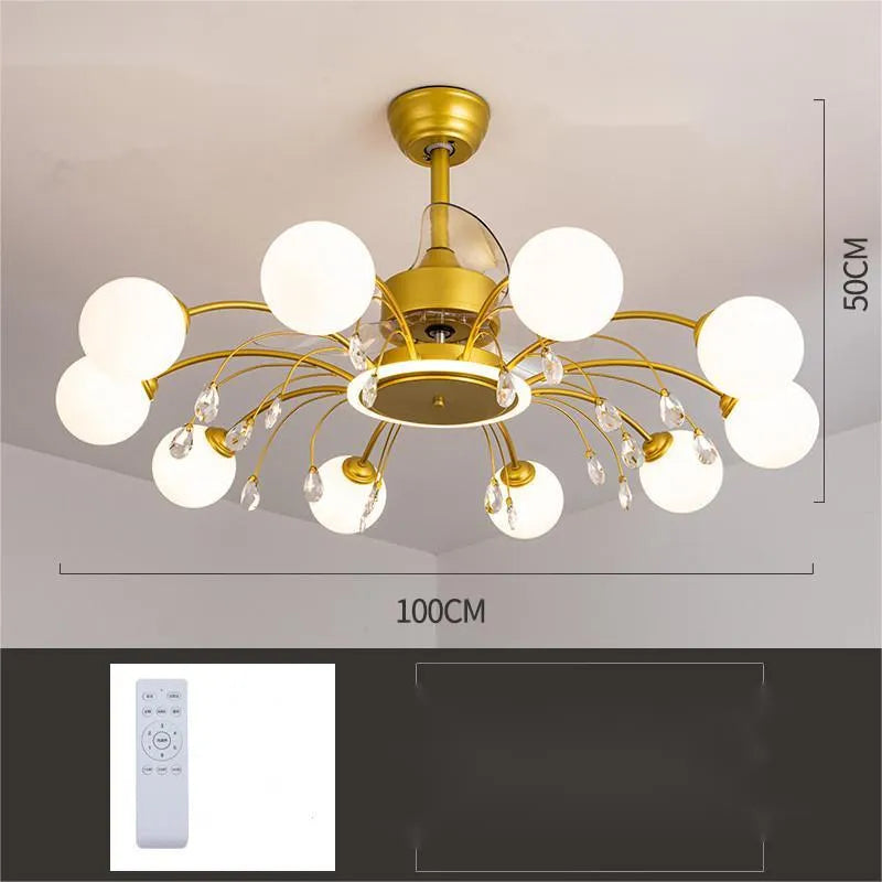 Black and gold ceiling fan lamp chandelier with acrylic shade and metal blades