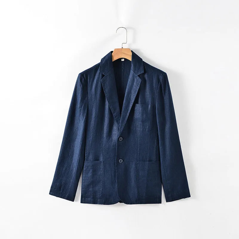 Men's thin solid-colour linen suit coat with notch lapel and chest pocket on a hanger.