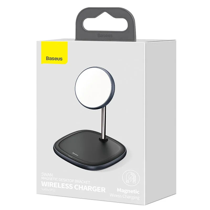 Black magnetic wireless charging stand for Apple iPhone 12 series on desktop