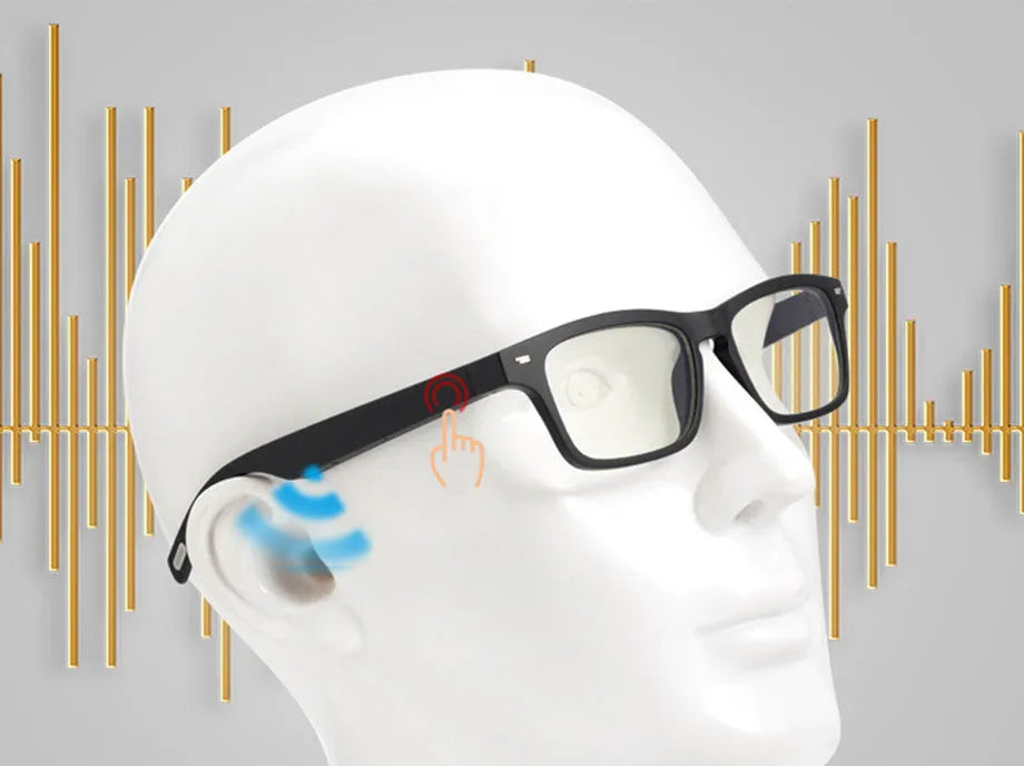 Semi-open Bluetooth smart glasses with PC+ABS frame and anti-blue light lenses on a black background.