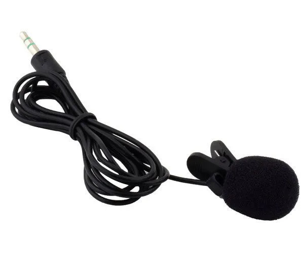 Black condenser lavalier microphone with 2m lead wire and 3.5mm plug for voice recording