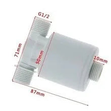White nylon automatic float valve with brass thread connections for water level control.