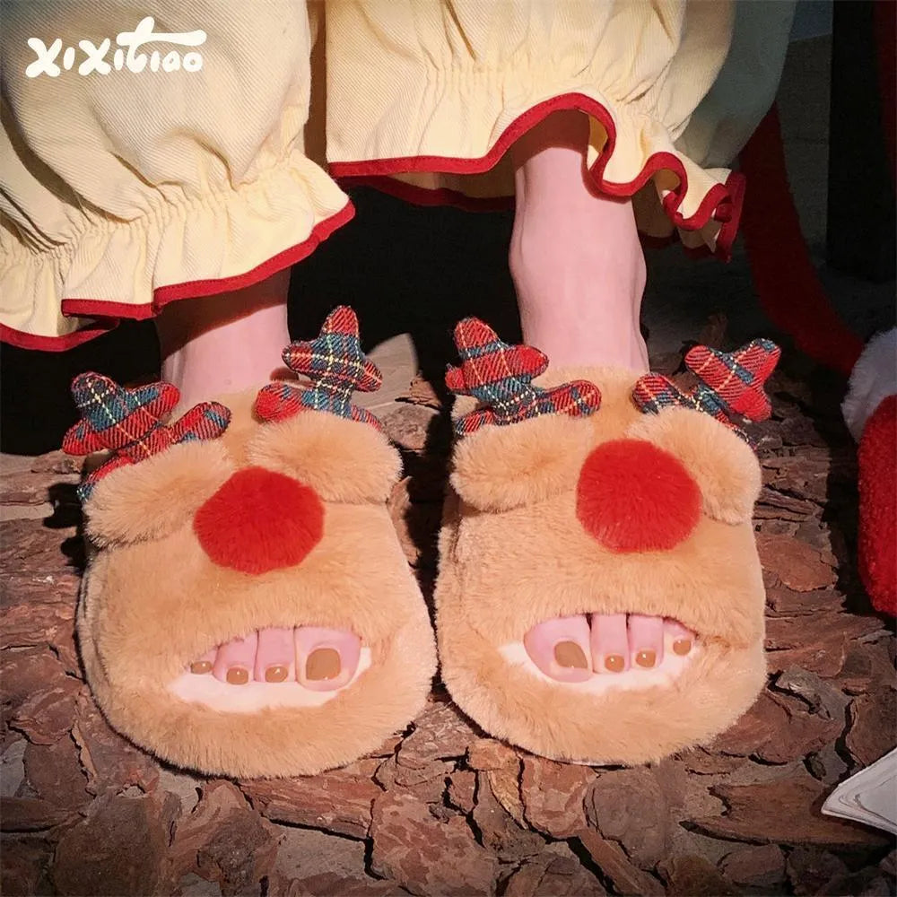 Brown women's fluffy cotton slippers with a deer cartoon design, suede upper, and PVC sole.