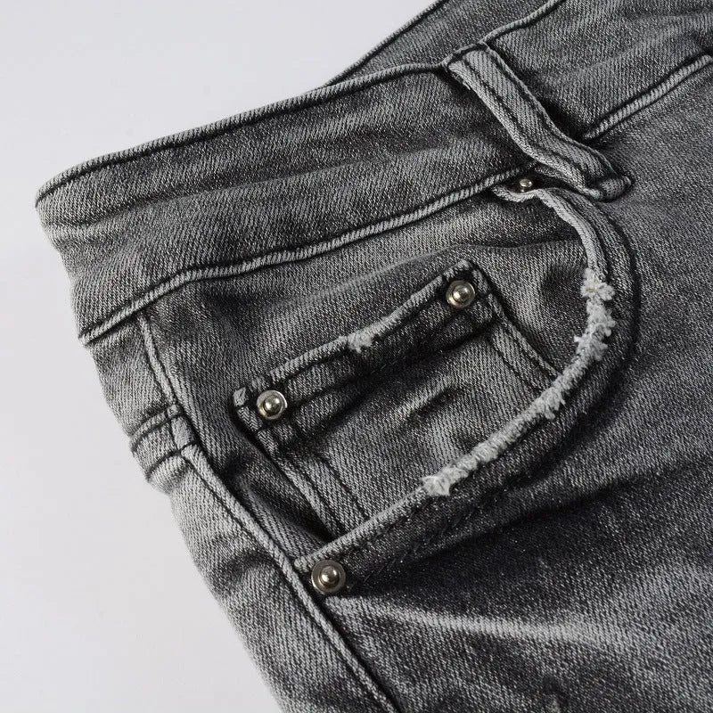 Stretch slim-fit skinny jeans for men in dark denim tapered trousers mid waist zip fly