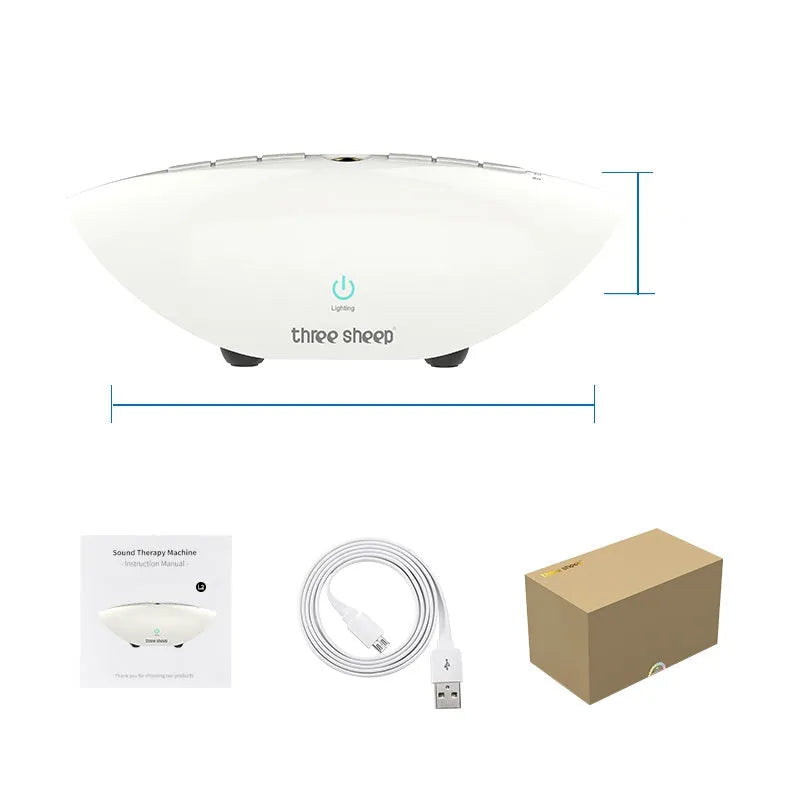 White rechargeable sleep sound machine with mechanical buttons on a white background