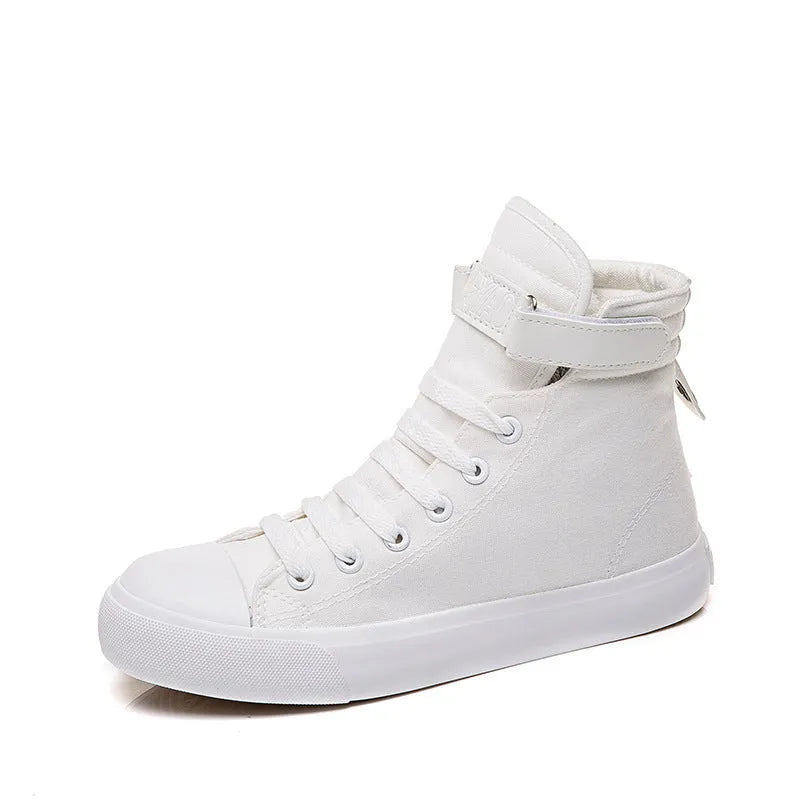 Velcro student canvas shoes high top round toe flat heel in black and white