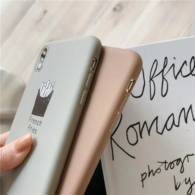 Soft matte silicone iPhone case showing ice coffee and french fries couple-themed designs.