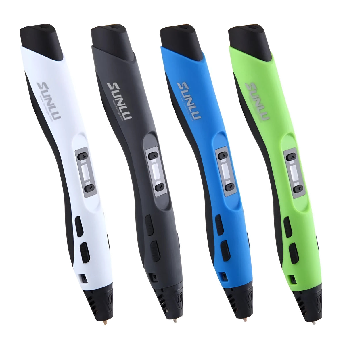 Plastic 3D printing pen in black with nozzle tip, 18cm long, on white background
