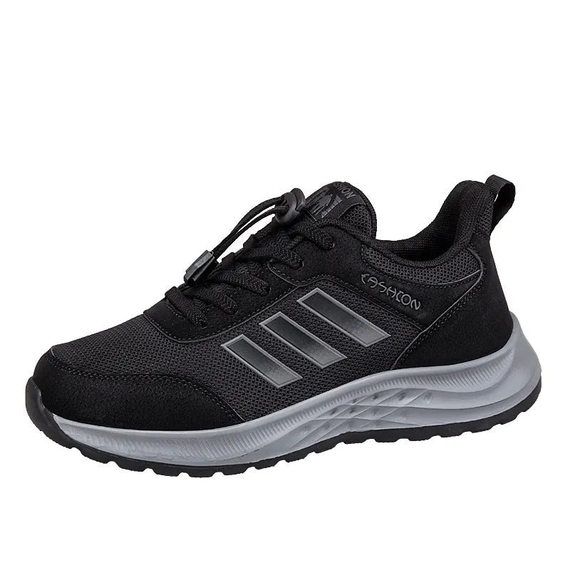 Unisex elastic band slip-on trainer with breathable mesh upper in black, dark grey, purple or purplish red.