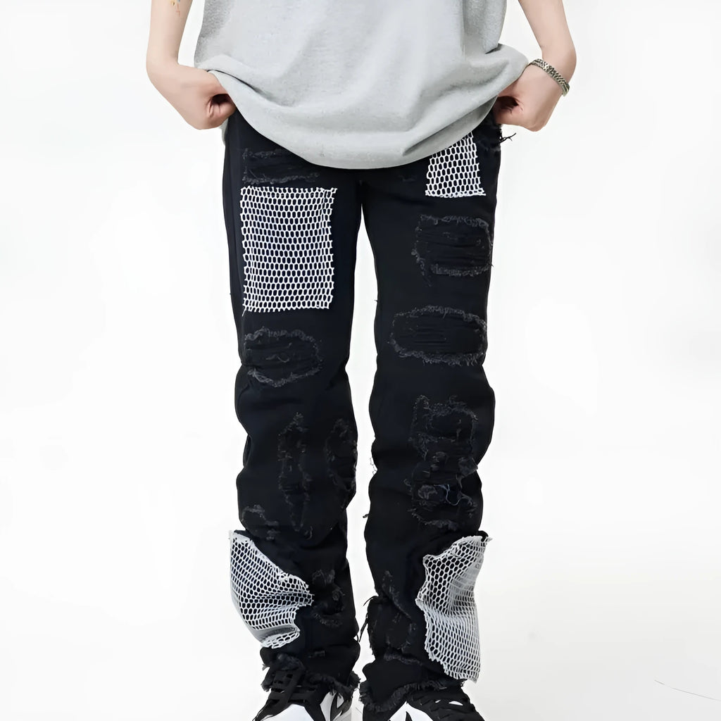 Men's heavy industry hole and patch straight jeans in black or blue, mid waist, cotton, sizes XL 2XL 3XL