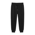 Men's mid-waist drawstring casual pants in black cotton blend, loose nine-length fit.