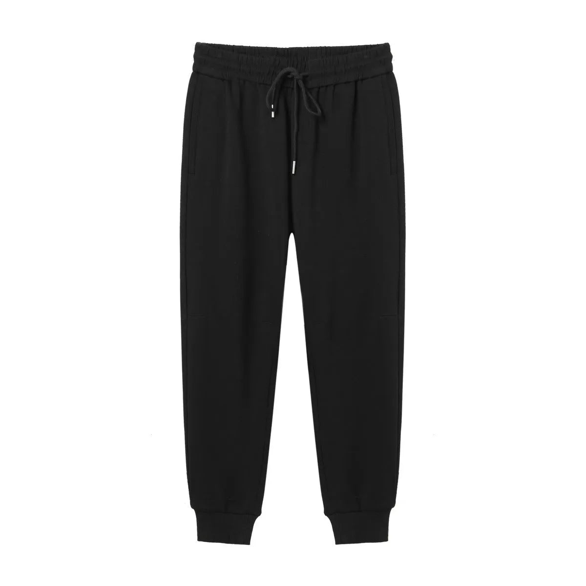 Men's mid-waist drawstring casual pants in black cotton blend, loose nine-length fit.