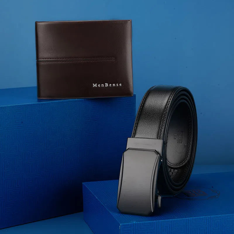 Men's genuine leather belt and wallet gift set with electroplated alloy automatic buckle in black black or black brown