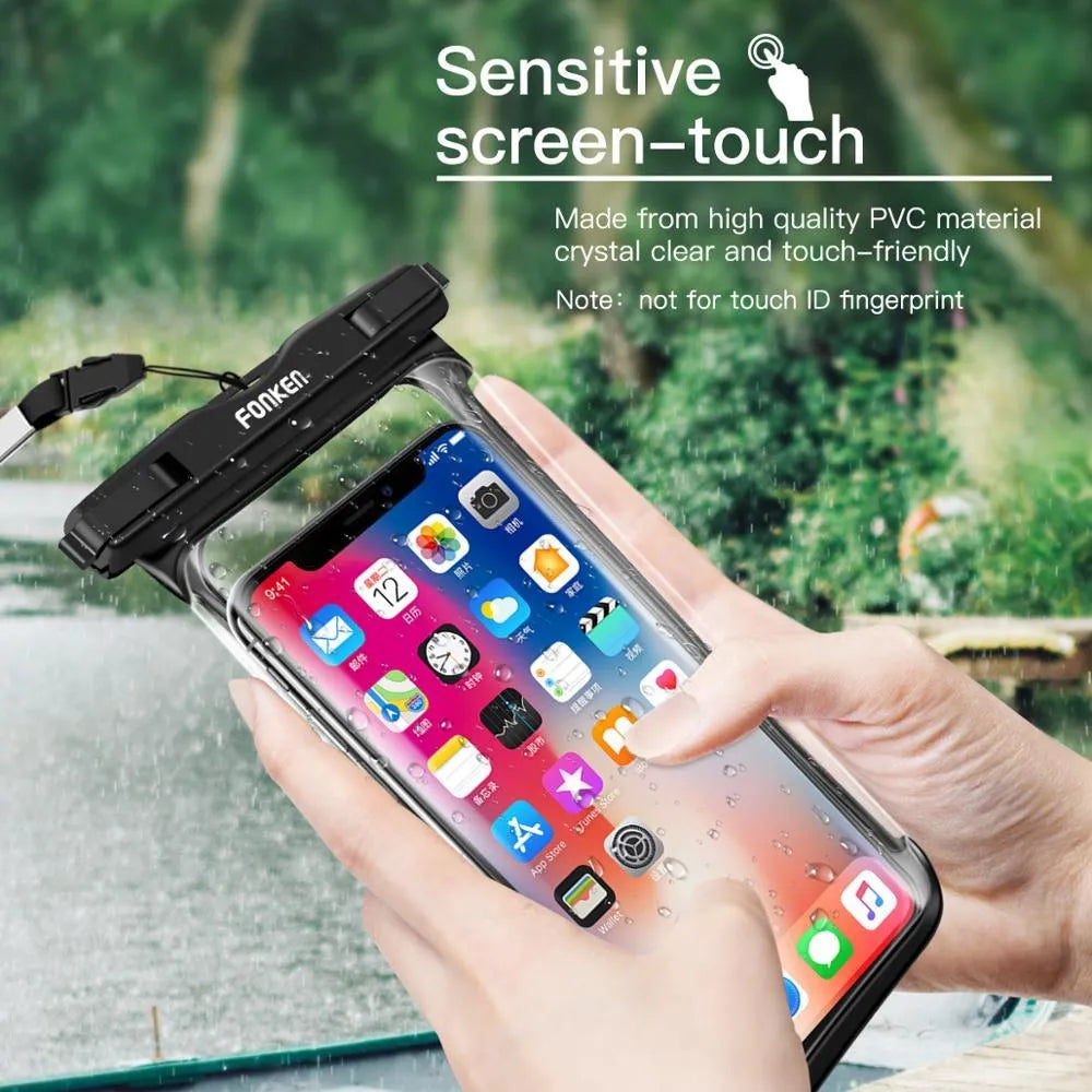 Transparent waterproof phone pouch with double ring seal for diving and swimming, holding a smartphone with clear screen visibility