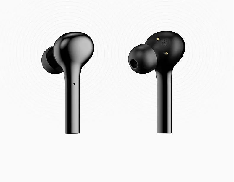 Black and white Bluetooth wireless in-ear headphones with touch controls and charging case