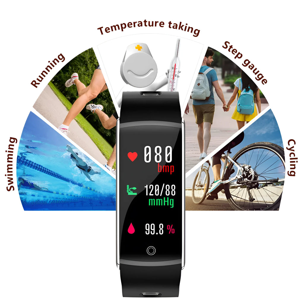 F10T body temperature smart bracelet with touch screen display in black, orange, red or green silicone wristband options