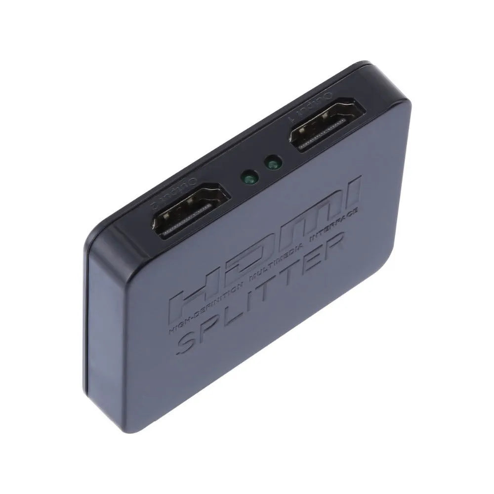 Black mini HDMI splitter with 1 input and 2 outputs, supporting 1080p, HDMI 1.4, HDCP, 3D and CEC