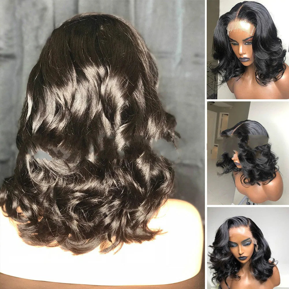 Front lace big wave wig in black high temperature silk with centre part and lace mesh cap