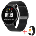Round TFT touch screen smart watch with Bluetooth calling and heart rate monitoring in black mesh belt