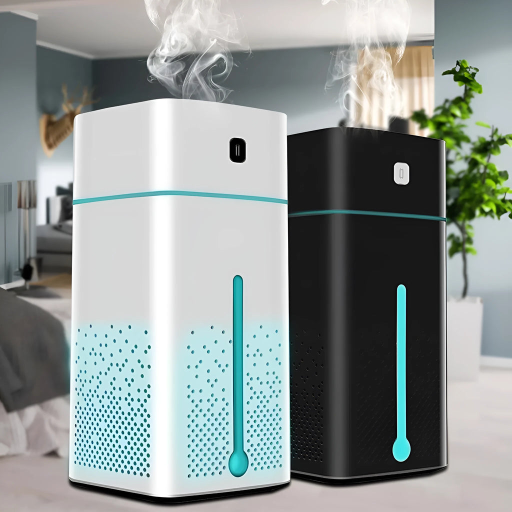 Black or white desktop humidifier with USB cable, 1000ml capacity, dimensions 103x103x218mm.