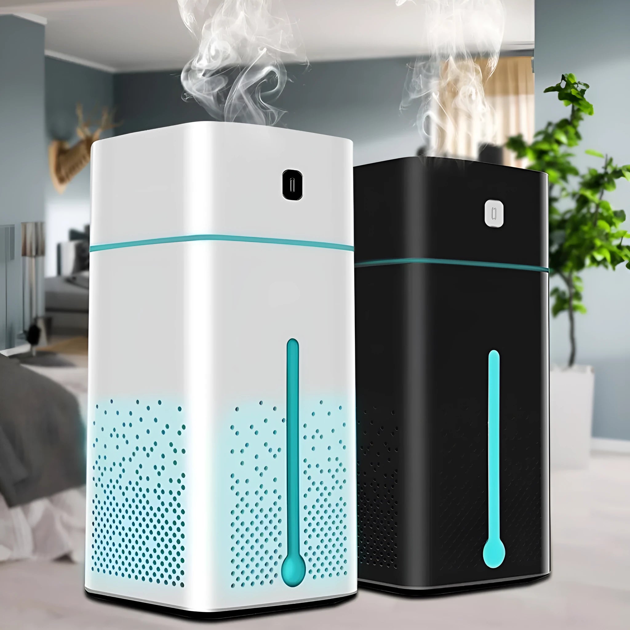 Black or white desktop humidifier with USB cable, 1000ml capacity, dimensions 103x103x218mm.