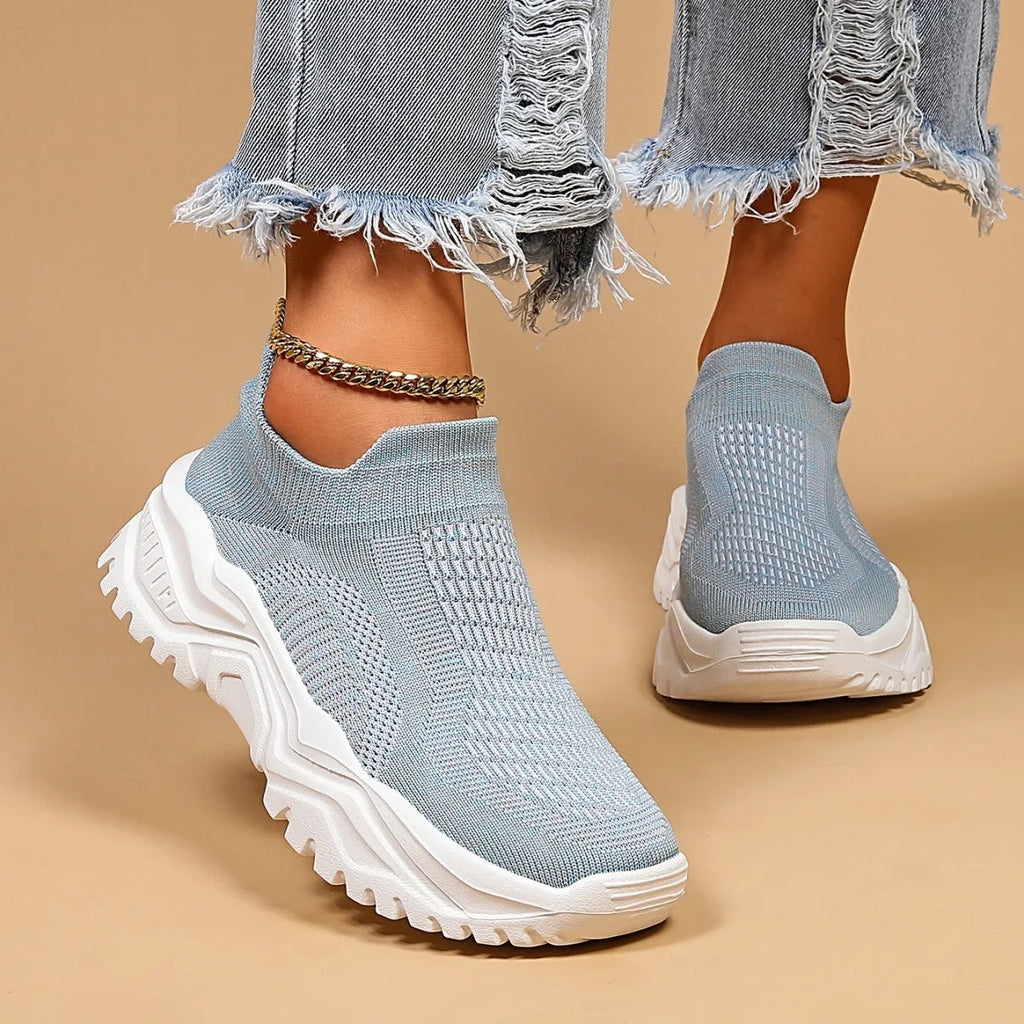 Light blue women's mesh slip-on casual sports shoes with round toe and mid heel