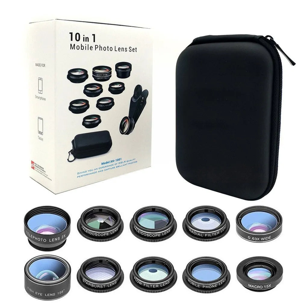 Black ten-in-one smartphone camera lens kit with aluminium-magnesium alloy and HD glass construction