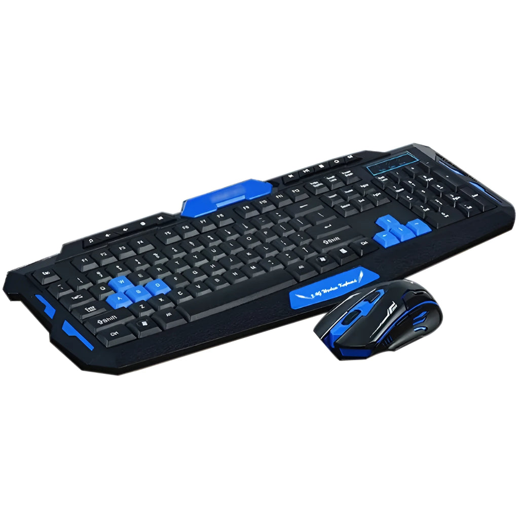 Black and blue wireless keyboard and mouse set on a desk, showing ergonomic design.