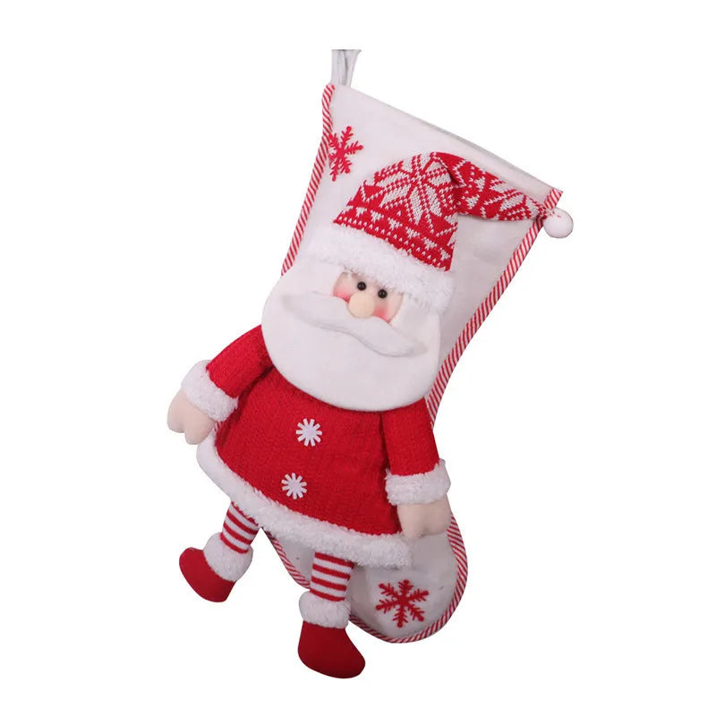 Red and white cloth Christmas stocking candy sock, 45x26 cm, with snowman and elderly sock style options.