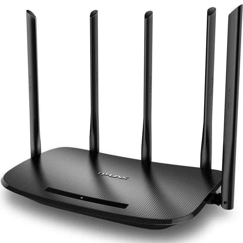 Black dual-band Gigabit wireless router with antenna and LED indicators on white surface