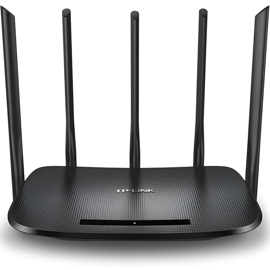 Black dual-band Gigabit wireless router with antenna and LED indicators on white surface