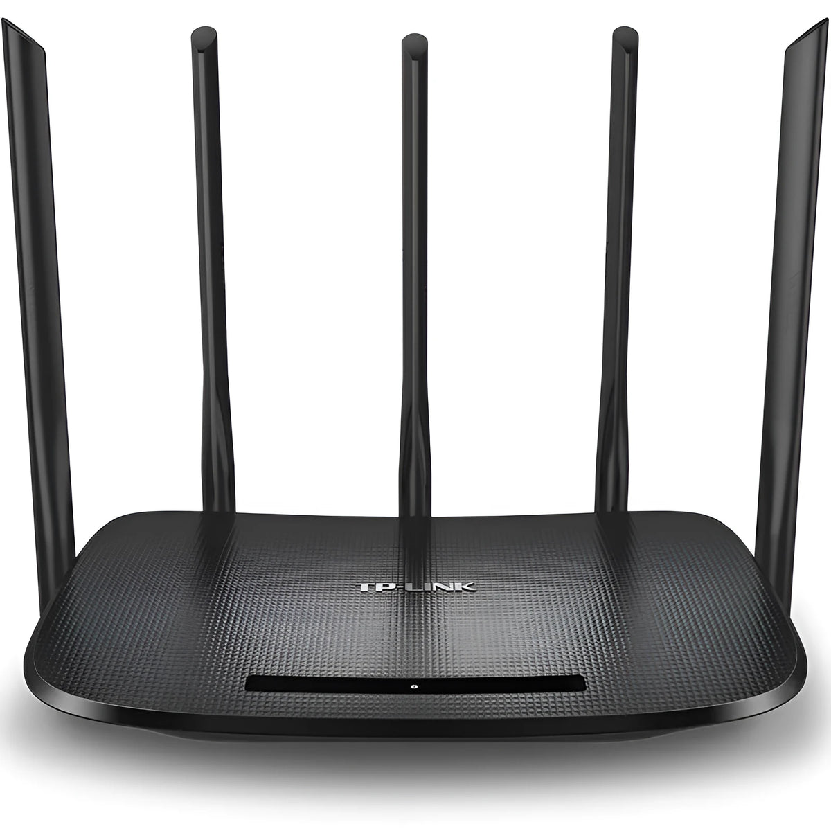 Black dual-band Gigabit wireless router with antenna and LED indicators on white surface