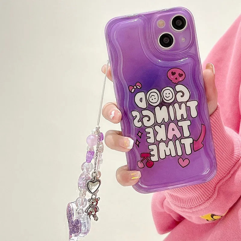 Purple mobile phone case with English graffiti text and love pendant design, featuring attached lanyard