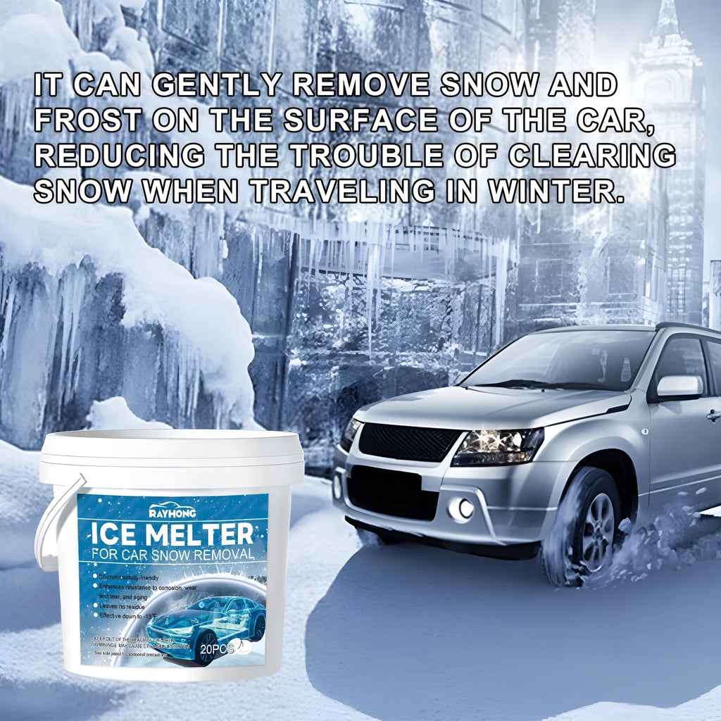 Pack of 20 car de-icing effervescent tablets for winter windscreens, each measuring 12.7 by 12cm