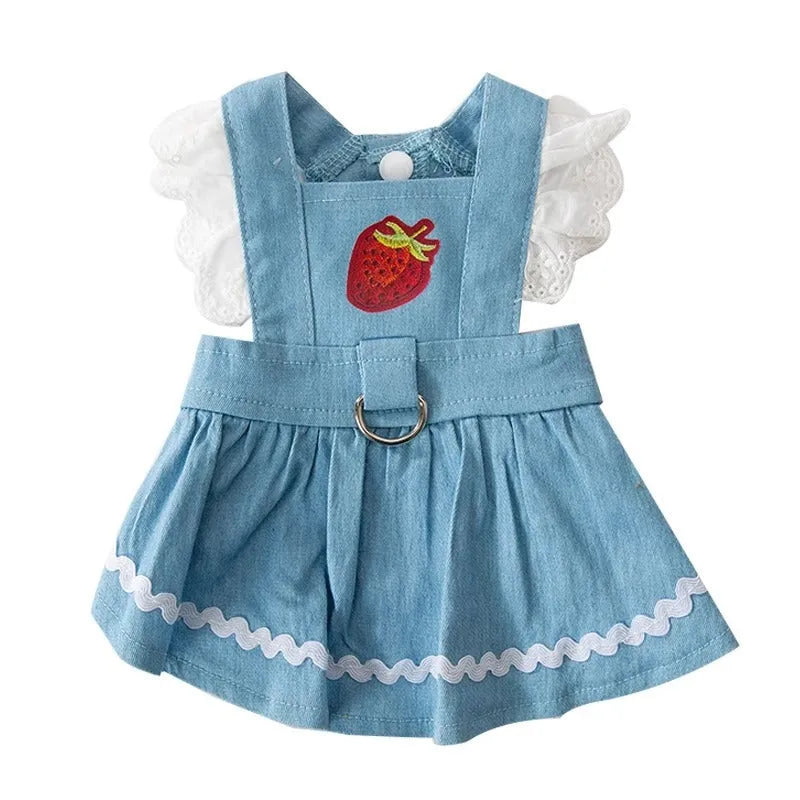 Bondi Blue strawberry and denim pattern dog skirt for small dogs on a mannequin.