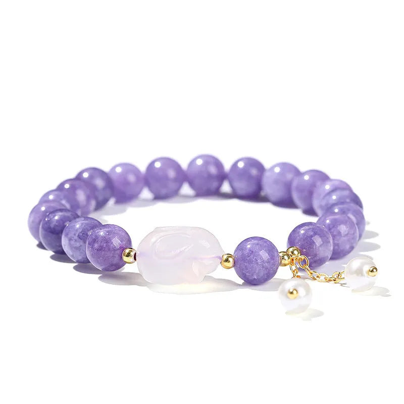 Purple aquamarine chalcedony lychee jelly agate rabbit bracelet with geometric round beads