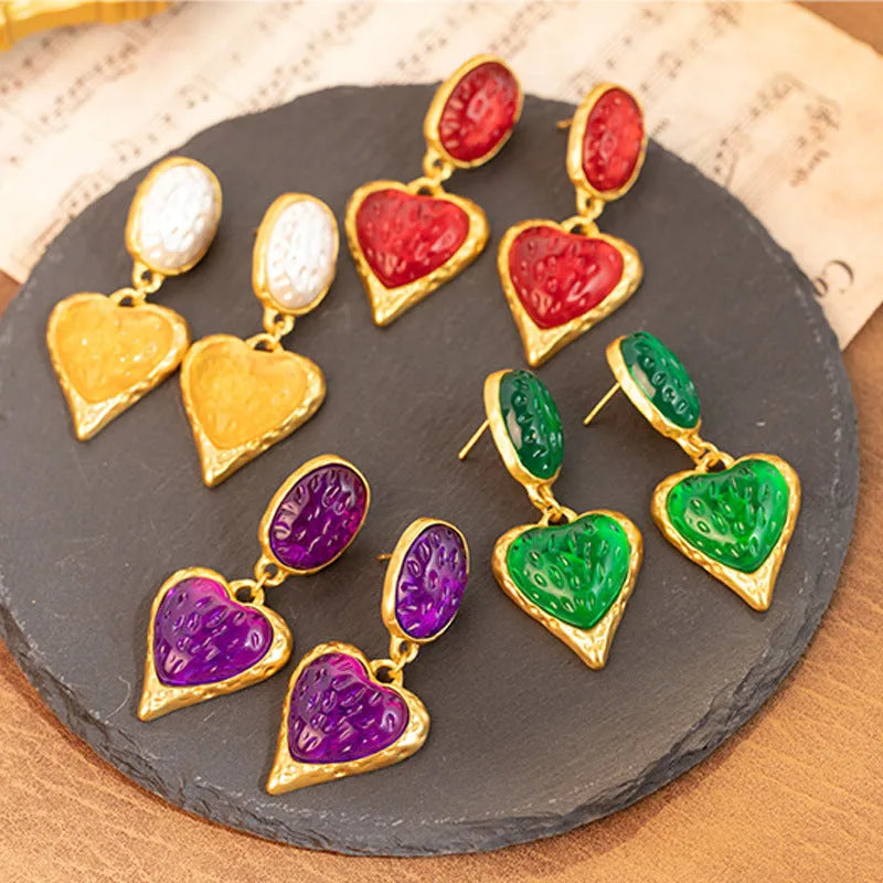 Silver needle pleated oval love heart stud earrings in purple, red, green, yellow/white colour options