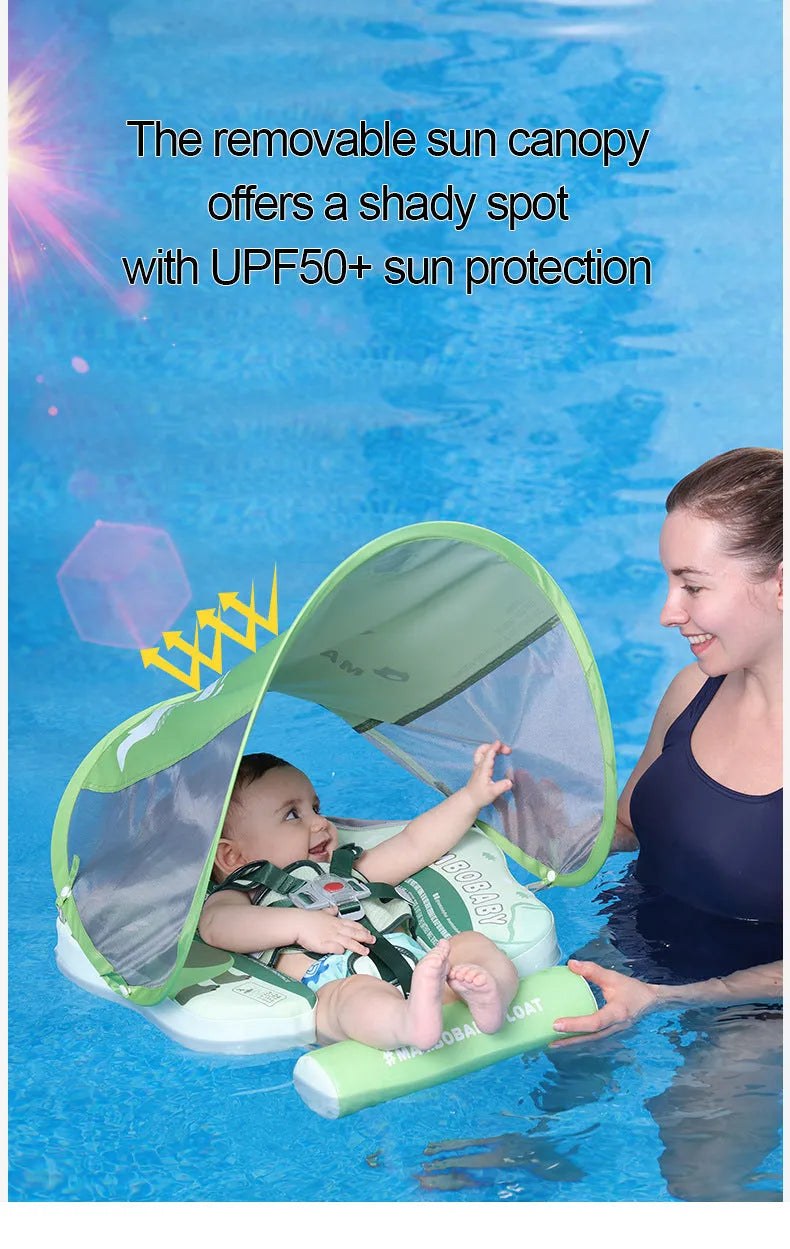 Avocado green inflatable baby swimming ring with dinosaur pattern and sun shade for children 3-24 months