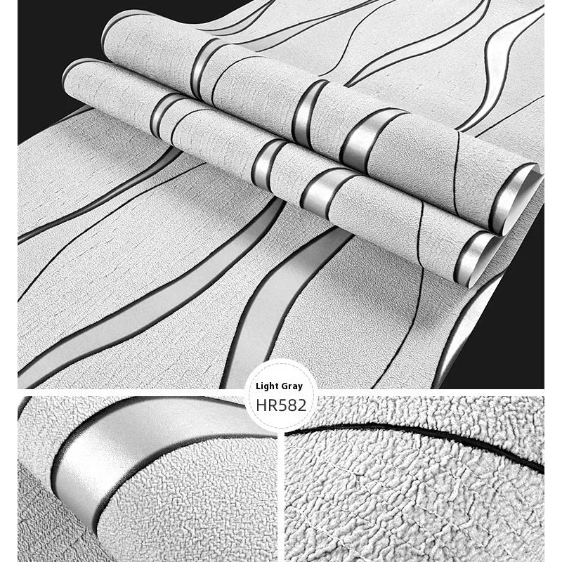 Close-up of light grey 3D curved stripe wallpaper with textured velvet finish.