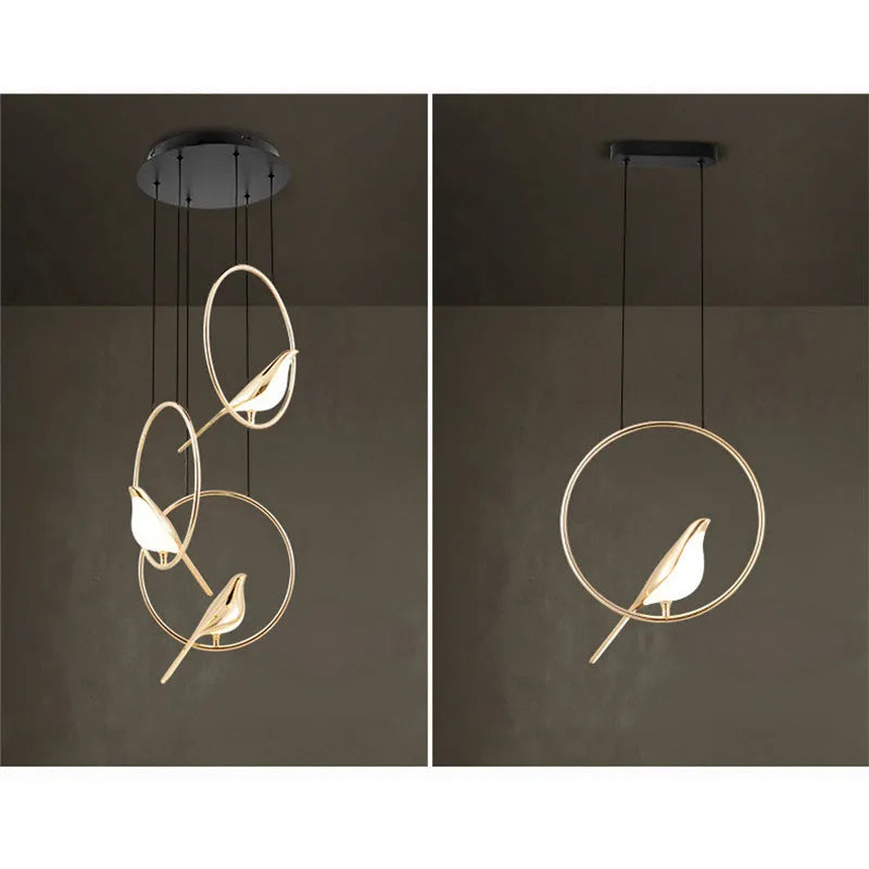 Minimalist clear acrylic magpie bird chandelier ceiling light with a metallic frame.