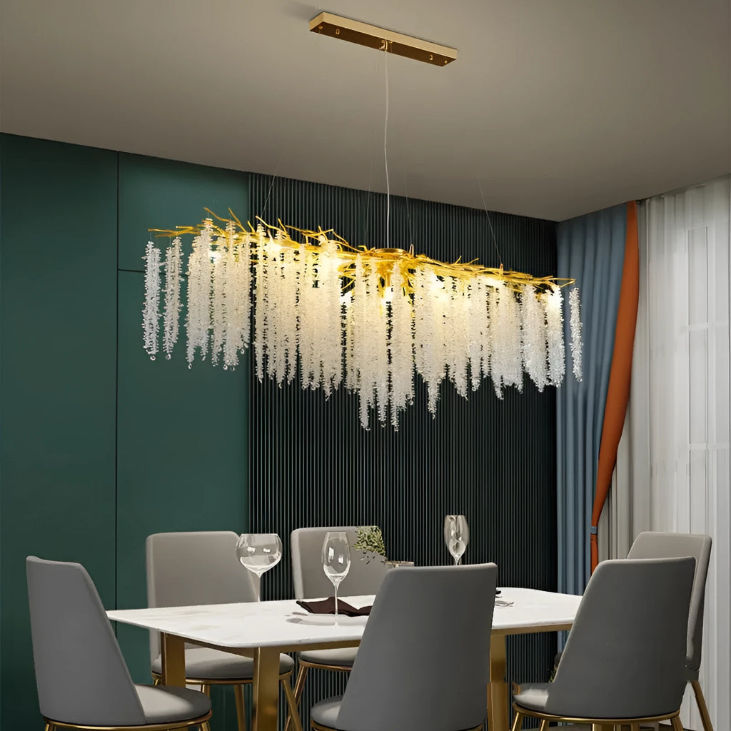 Adjustable height crystal chandelier with aluminium alloy frame in a light luxury style.