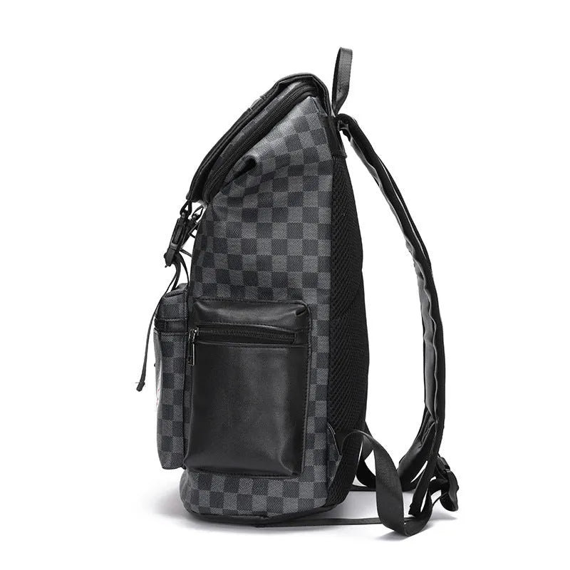 Korean casual checkered printed large backpack made from PU leather with curved shoulder straps.